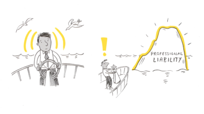 Image of a man steering a ship while next to it is an image of a man steering a ship that is about to hit an iceberg with the words "professional indemnity" written on it
